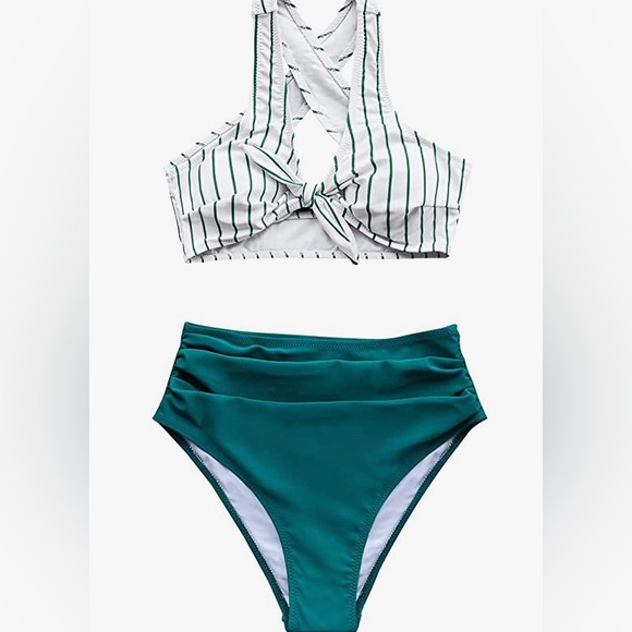 Teal Solid and Striped High-Waisted Bikini - Picture 2 of 3